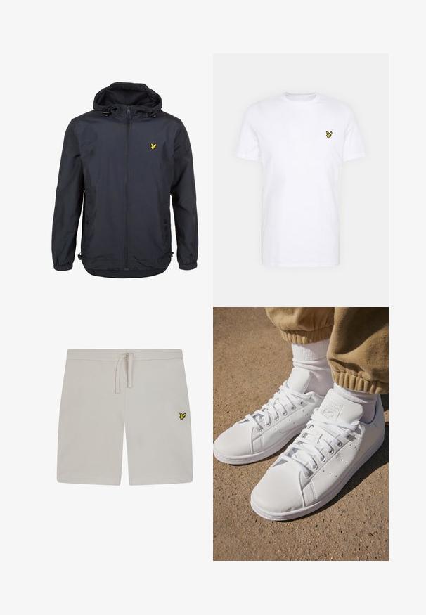 Leichtgewichtige, dunkelblaue Jacke mit Kapuze, Reißverschluss vorne, verstellbaren Kordeln und einem kleinen gelben Logo auf der linken Brust. Strukturiertes Gewebe.; Weißes Baumwoll-T-Shirt mit einem kleinen schwarzen und gelben gestickten Logo auf der linken Brust. Kurze Ärmel und ein Rundhalsausschnitt.; Hellgraue Baumwollshorts mit elastischem Bund und Kordelzug. Auf der linken Seite befindet sich ein kleines gelbes Logo. Glatte Textur.; Weiße Leder-Sneaker mit einer glatten Oberfläche, klassischem Schnürdesign, Perforationen für Atmungsaktivität und einer strukturierten Gummisohle.