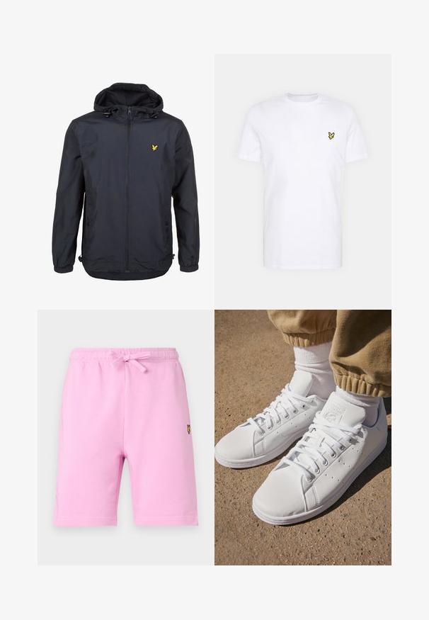 Lightweight, dark navy jacket with a hood, zippered front, adjustable drawstrings, and a small yellow logo on the left chest. Textured fabric.; White cotton T-shirt featuring a small black and yellow embroidered logo on the left chest. Short sleeves and a crew neckline.; Light pink cotton shorts with an elastic waistband and drawstring, featuring a small embroidered logo in the bottom left corner.; White leather sneakers with a smooth surface, featuring a classic lace-up design, perforations for breathability, and a textured rubber outsole.