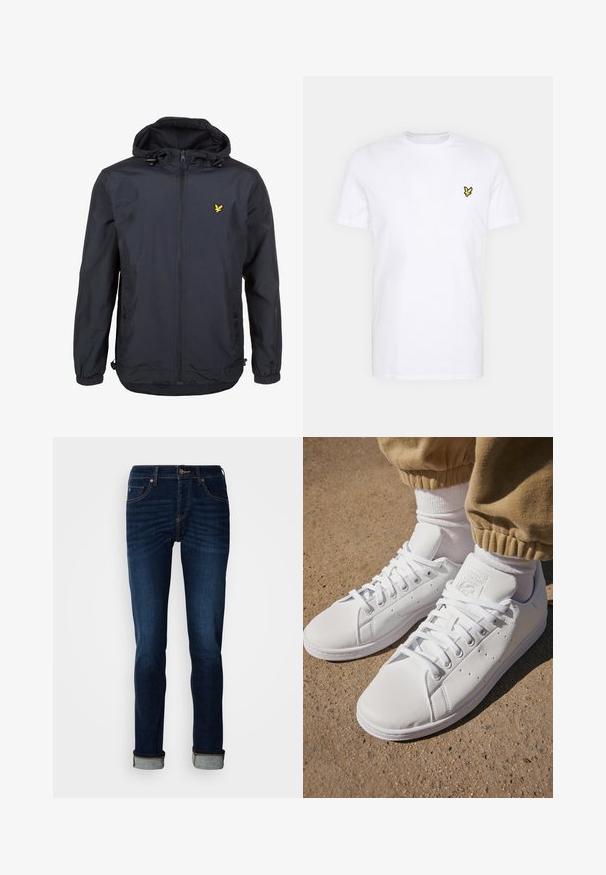 Chaqueta ligera de color azul marino oscuro con capucha, cierre frontal con cremallera, cordones ajustables y un pequeño logo amarillo en el lado izquierdo del pecho. Tejido texturizado.; Camiseta de algodón blanca con un pequeño logo bordado en negro y amarillo en el lado izquierdo del pecho. Mangas cortas y cuello redondo.; Jeans de color azul oscuro con diseño de pierna recta, cierre de cremallera y dobladillo doblado. Hechos de denim con un ligero desgastado y detalles de costura en contraste.; Zapatillas de cuero blanco con superficie lisa, que presentan un diseño clásico de cordones, perforaciones para la transpirabilidad y una suela exterior de goma texturizada.