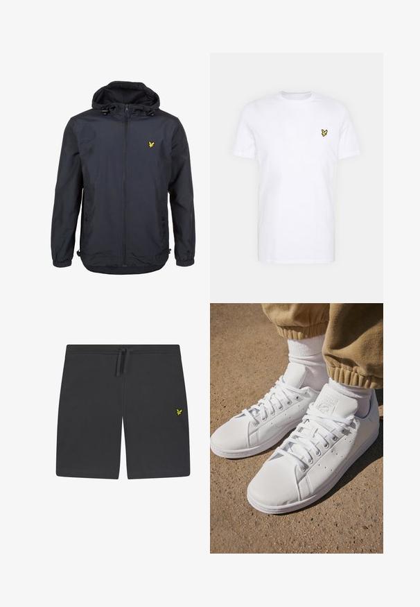 Lahka, temno modra jakna s kapuco, z zadrgo spredaj, nastavljivim vrvico in majhnim rumenim logotipom na levem prsnem delu. Teksturovana tkanina.; Bela bombažna majica s kratkimi rokavi, ki ima na levem prsnem delu majhno črno in rumeno vezeno logotip. Okrugli izrez.; Črne bombažne kratke hlače z elastičnim pasom in vrvico za zategovanje, z majhnim rumenim logotipom na spodnji levi strani.; Beli usnjeni športni copati s gladko površino, z brezčasnim vezalnim dizajnom, perforacijami za zračnost in teksturiranim gumiranim podplatom.