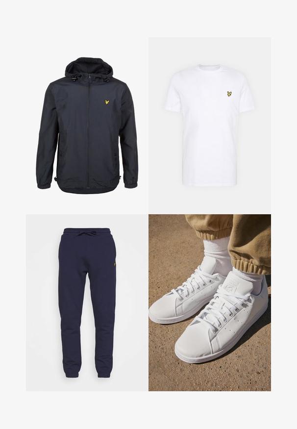 Casaco leve, de um tom azul marinho escuro, com capuz, fecho éclair na frente, cordões ajustáveis e um pequeno logótipo amarelo no lado esquerdo do peito. Tecido texturizado.; T-shirt de algodão branco com um pequeno logótipo bordado em preto e amarelo no lado esquerdo do peito. Mangas curtas e decote redondo.; Lyle & Scott SLIM - Calças de fato de treino - navy; Sapatilhas brancas de couro com uma superfície suave, apresentando um design clássico com atacadores, perfurações para respirabilidade e uma sola de borracha texturizada.