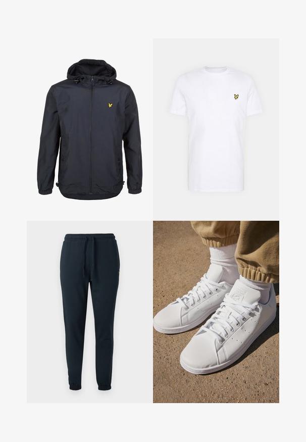 Ľahká, tmavomodrá bunda s kapucňou, zipsom na prednej strane, nastaviteľnými šnúrkami a malým žltým logom na ľavej strane hrude. Štruktúrovaná tkanina.; Biela bavlnená tričko s malým vyšívaným logom čiernej a žltej farby na pravej strane hrude. Krátke rukávy a okrúhly výstrih.; Tmavomodré tepláky z bavlnenej zmesi, s elastickým pásom so šnúrkou a manžetami na členkoch. Malý žltý detail loga.; Biele kožené tenisky s hladkým povrchom, disponujú klasickým šnurovacím dizajnom, perforáciami na priedušnosť a textúrovanou gumovou podrážkou.
