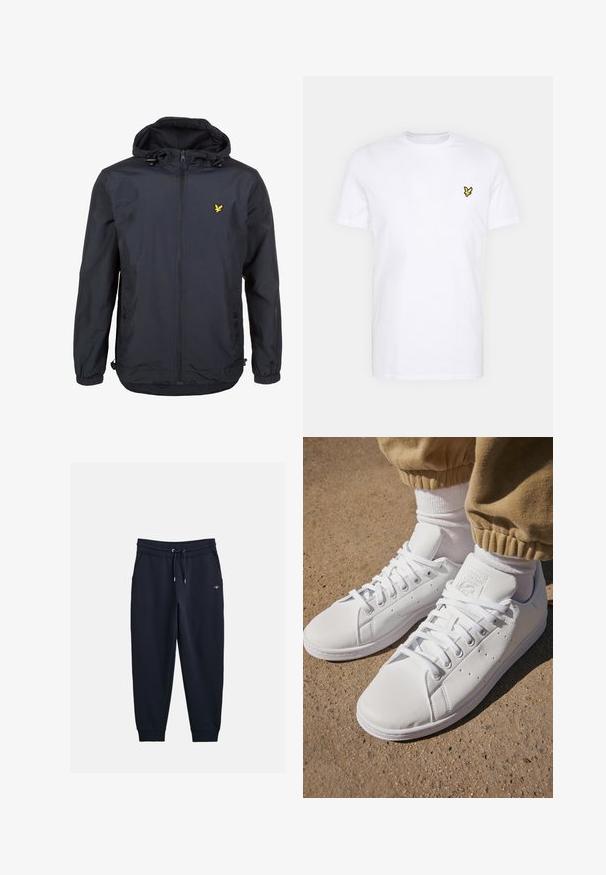 Lahka, temno modra jakna s kapuco, z zadrgo spredaj, nastavljivim vrvico in majhnim rumenim logotipom na levem prsnem delu. Teksturovana tkanina.; Bela bombažna majica s kratkimi rokavi, ki ima na levem prsnem delu majhno črno in rumeno vezeno logotip. Okrugli izrez.; Morske trenirke iz mehkega materiala, z elastikim pasom in vrvico, stranskimi žepi in rebrastimi manšetami.; Beli usnjeni športni copati s gladko površino, z brezčasnim vezalnim dizajnom, perforacijami za zračnost in teksturiranim gumiranim podplatom.
