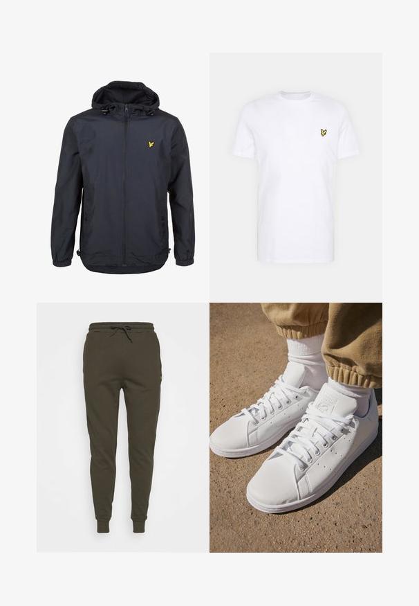 Leichtgewichtige, dunkelblaue Jacke mit Kapuze, Reißverschluss vorne, verstellbaren Kordeln und einem kleinen gelben Logo auf der linken Brust. Strukturiertes Gewebe.; Weißes Baumwoll-T-Shirt mit einem kleinen schwarzen und gelben gestickten Logo auf der linken Brust. Kurze Ärmel und ein Rundhalsausschnitt.; Dunkelolivgrüne Sweatpants mit einem Kordelzugbund, tapered Bein-Design und einem kleinen Logo-Detail an der Seite. Weiches Fleece-Material.; Weiße Leder-Sneaker mit einer glatten Oberfläche, klassischem Schnürdesign, Perforationen für Atmungsaktivität und einer strukturierten Gummisohle.