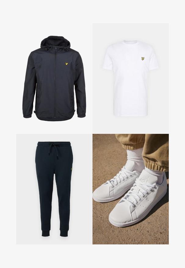 Lagani, tamnoplavi kaput s kapuljačom, zatvaračem sprijeda, podesivim kabelima i malim žutim logotipom na lijevoj strani prsnog koša. Tekstura tkanine.; Bijela pamučna majica s malim crnim i žutim izvezenim logotipom na lijevoj strani prsnog koša. Kratki rukavi i okrugli izrez.; Mornarske trenirke izrađene od mekanog pamuka. Imaju elastičnu majicu s vezicom, sužene nogavice i rebraste manžete. Mali logo akcent blizu bokova.; Bijele kožne tenisice s glatkom površinom, klasičnog dizajna s vezicama, s perforacijama za prozračnost i teksturiranim gumenim potplatom.