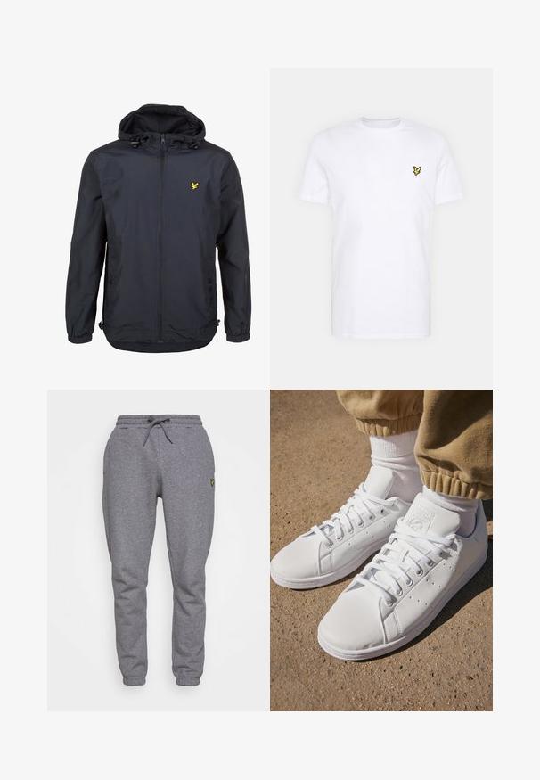 Ľahká, tmavomodrá bunda s kapucňou, zipsom na prednej strane, nastaviteľnými šnúrkami a malým žltým logom na ľavej strane hrude. Štruktúrovaná tkanina.; Biela bavlnená tričko s malým vyšívaným logom čiernej a žltej farby na pravej strane hrude. Krátke rukávy a okrúhly výstrih.; Šedé bavlnené tepláky s elastickým pásom, šnúrkou, bočnými vreckami a malým žltým logom na stehne. Zúžený strih nohavíc.; Biele kožené tenisky s hladkým povrchom, disponujú klasickým šnurovacím dizajnom, perforáciami na priedušnosť a textúrovanou gumovou podrážkou.