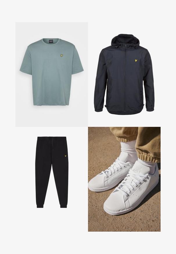 Kerge, tume navy sinine jakk kapuutsiga, tõmblukuga esipaneel, reguleeritavad nöörid ja väike kollane logo vasakul rindkere kohal. Tekstureeritud kangas.; Hele roheline lühikeste varrukatega T-särk, mis on valmistatud puuvillast. Omab ümmargust kaelust ja väikest kollast tikandiga logo vasakul rinnal.; Mustad jooksupüksid elastse vöökohaga ja nööriga, kitsenevate sääreosadega, millel on mansetid, ning väike kollane tikitud logo paremal reiel.; Valged nahast tossud siledal pinnal, klassikalise paeltega kinnitusega, ventilatsiooni jaoks perforatsioonide ning tekstureeritud kummist välispinnaga.