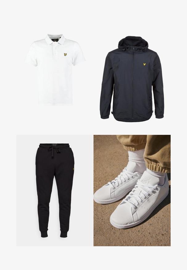 Kevyt, tummansininen takki, jossa on huppu, vetoketjullinen etuosa, säädettävät nyöritykset ja pieni keltainen logo vasemmassa rinnassa. Tekstuuri kangast.; Valkoinen polo paita, joka on valmistettu puuvillasta. Paidassa on kolme nappia, lyhyet hihat ja pieni keltainen logo vasemmassa rinnassa.; Mustat puuvillajoggerit, joissa on elastinen vyötärö, nyöritys ja ribbireunat. Vasen reisi koristeltu pienellä keltaisella logolla.; Valkoiset nahkakengät, joissa on sileä pinta, klassinen nauhakiinnitys, reikärakenteet hengittävyyden parantamiseksi ja karkea kumipohja.