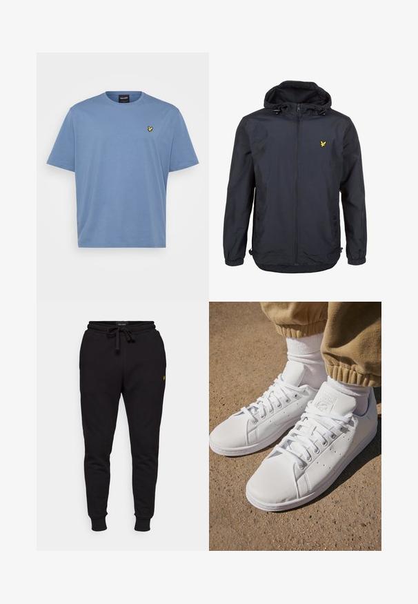 Lehká, tmavě modrá bunda s kapucí, zipem vpředu, nastavovacími šňůrkami a malým žlutým logem na levé hrudi. Texturovaná tkanina.; Světle modré bavlněné tričko s klasickým kulatým výstřihem. Na levé straně hrudi má malé vyšívané žluté logo. Krátké rukávy, volný střih.; Černé bavlněné jogger kalhoty s elastickým pasem, šňůrkou na stažení a žebrovanými manžetami. Obsahují malé žluté logo na levém stehně.; Bílé kožené tenisky s hladkým povrchem, které mají klasický design na šněrování, perforace pro prodyšnost a jemně strukturovanou gumovou podrážku.