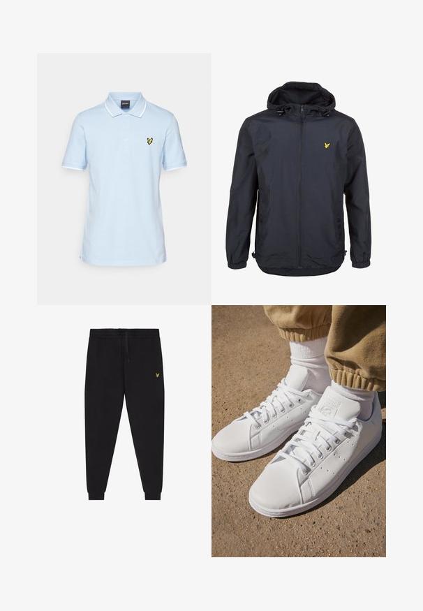 Lekka, ciemnogranatowa kurtka z kapturem, zapinana na zamek, z regulowanymi sznurkami i małym żółtym logo na lewej piersi. Teksturowana tkanina.; Lyle & Scott - Koszulka polo; Czarne spodnie dresowe z elastycznym pasem i sznurkiem, zwężane nogawki z mankietami oraz małe żółte haftowane logo na prawej udzie.; Białe skórzane sneakersy o gładkiej powierzchni, z klasycznym sznurowaniem, perforacjami zapewniającymi oddychalność oraz teksturowaną gumową podeszwą.