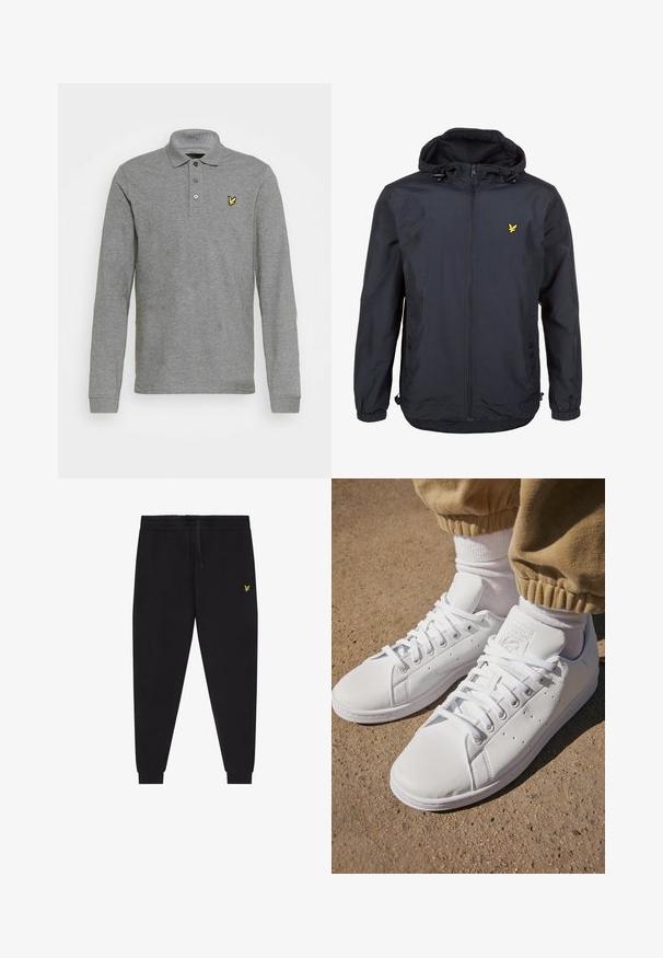 Lengvas, tamsiai mėlynos spalvos švarkas su kapišonu, užtrauktuku priekyje, reguliuojamomis virvėmis ir mažuoju geltonu logotipu kairėje krūtinės pusėje. Textūruota medžiaga.; Pilkas ilgomis rankovėmis polo marškinis, pagamintas iš minkštos medžiagos, su trimis mygtukais ir geltonu logotipu ant kairiojo krūtinės.; Juodos jogger stiliaus kelnės su elastinga juosmens juosta ir raišteliu, siaurėjančiomis kojų dalimis su apačios manžetėmis ir mažu geltonu siuvinėtu logotipu dešinėje šlaunyje.; Balti odiniai sportbačiai su lygia paviršiumi, pasižymintys klasikiniu raištelių dizainu, perforacijomis, užtikrinančiomis oro pralaidumą, ir tekstūra guminėmis padangomis.