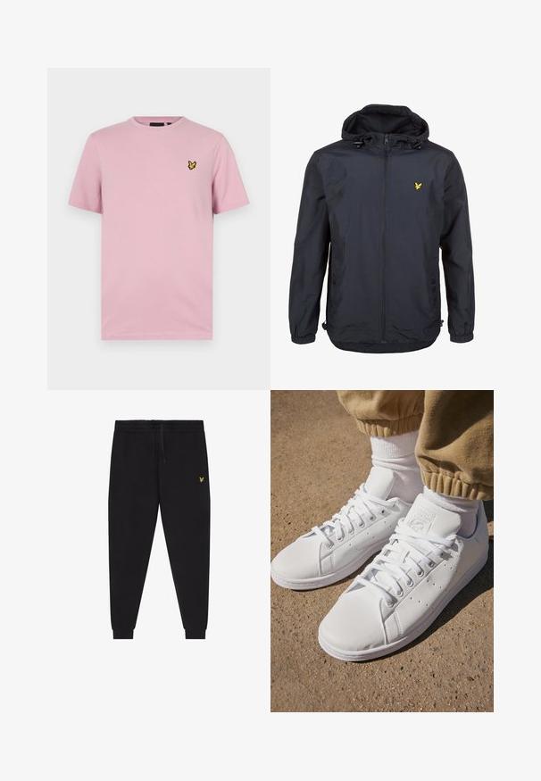 Lahka, temno modra jakna s kapuco, z zadrgo spredaj, nastavljivim vrvico in majhnim rumenim logotipom na levem prsnem delu. Teksturovana tkanina.; Roza majica s kratkimi rokavi, izdelana iz mehkega materiala, z majhnim rumenim motivom metulja našitim na levem prsnem delu.; Črne športne hlače z elastiko v pasu in vrvico za zategovanje, zožene nogavice s patentnim robom ter majhen rumen vezen logotip na desnem stegnu.; Beli usnjeni športni copati s gladko površino, z brezčasnim vezalnim dizajnom, perforacijami za zračnost in teksturiranim gumiranim podplatom.
