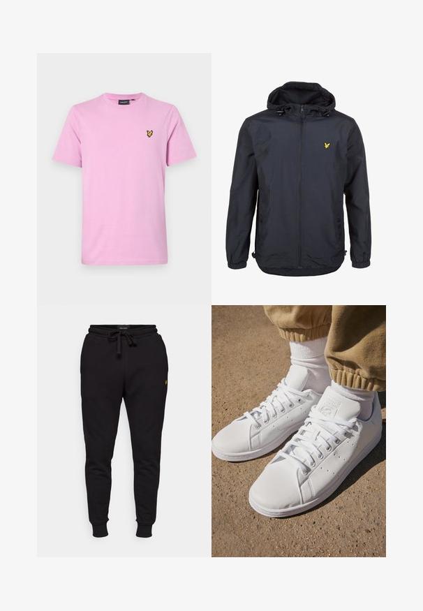 Viegls, tumši zilas krāsas jaka ar kapuci, ar rāvējslēdzēju priekšā, pielāgojamām auklām un mazu dzeltenu logotipu kreisajā krūtī. Strukturēta auduma.; Gaiši rozā kokvilnas t-krekls ar apaļu kakla izgriezumu, īsām piedurknēm un mazu dzeltenu un melnu izšūtu putna logotipu uz krūtīm.; Melnas kokvilnas jogger bikses ar elastīgu jostasvietu, auklu un ribotām piedurknēm. Uz kreisās augšstilba atrodas mazs dzeltenais logo.; Baltas ādas sporta apavi ar gludu virsmu, ar klasisku šņorēšanas dizainu, ar perforējumiem gaisa caurlaidībai un teksturētu gumijas zoli.