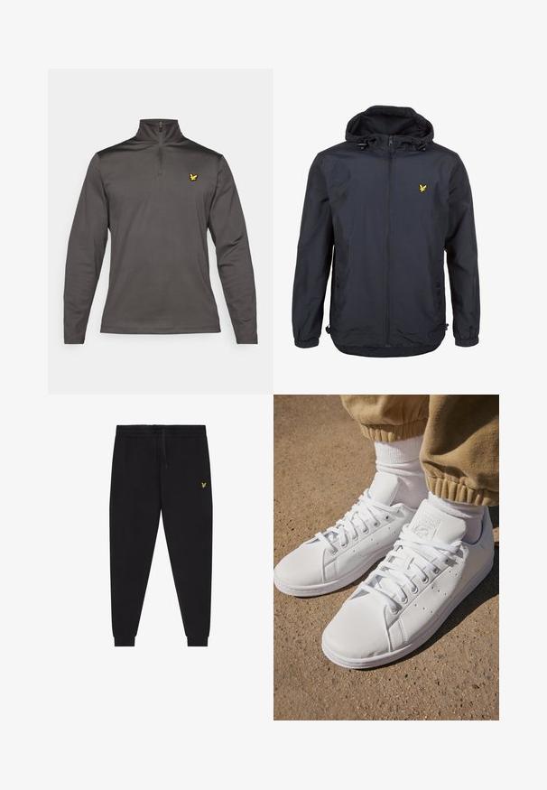 Lichte, donkerblauwe jas met capuchon, ritssluiting aan de voorkant, verstelbare trekkoorden en een klein geel logo op de linkerborst. Gestructureerde stof.; Grijze langemouwen pullover met een halve ritssluiting, featuring een gele vogel-logo op de linkerborst en een gladde, gestructureerde stof.; Zwarte joggingsbroek met elastische taille en trekkoord, taps toelopende pijpen met boorden en een klein geel geborduurd logo op de rechterdij.; Witte leren sneakers met een gladde oppervlakte, met een klassieke vetersluiting, perforaties voor ademend vermogen en een gestructureerde rubberen buitenzool.