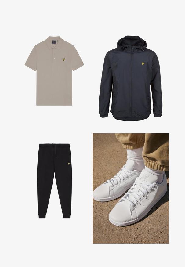 Giacca leggera di un elegante blu navy scuro con cappuccio, chiusura con zip, cordini regolabili e un piccolo logo giallo sul petto sinistro. Tessuto testurizzato.; Polo shirt beige in cotone, con una patta a tre bottoni e un piccolo logo di uccellino ricamato di giallo sul lato sinistro del petto.; Pantaloni jogger neri con vita elasticizzata e coulisse, gambe affusolate con polsini e piccolo logo giallo ricamato sulla coscia destra.; Sneakers bianchi in pelle con superficie liscia, caratterizzati da un classico design con lacci, perforazioni per la traspirabilità e una suola in gomma testurizzata.