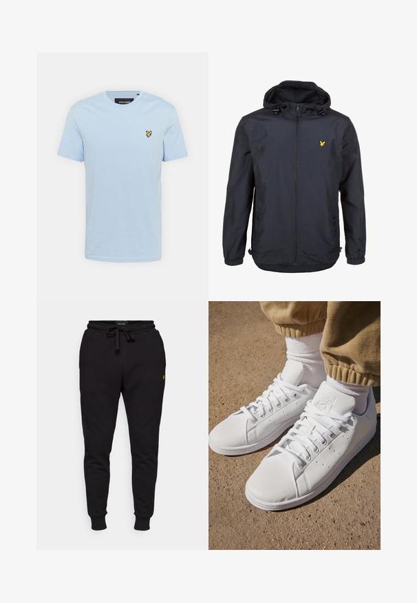 Jachetă ușoară, de culoare albastru închis, cu glugă, deschidere cu fermoar, șnururi ajustabile și un mic logo galben pe pieptul stâng. Material texturat.; Tricou din bumbac de culoare bleu deschis, cu mâneci scurte și decolteu rotund. Prezintă un mic logo brodat galben pe partea stângă a pieptului.; Pantaloni jogger negri din bumbac cu talie elastică, șnur de ajustare și manșete ribbed. Prezintă un mic logo galben pe partea stângă a coapsei.; Adidași din piele albă cu o suprafață netedă, având un design clasic cu șireturi, perforații pentru ventilație și o talpă exterioară din cauciuc texturat.