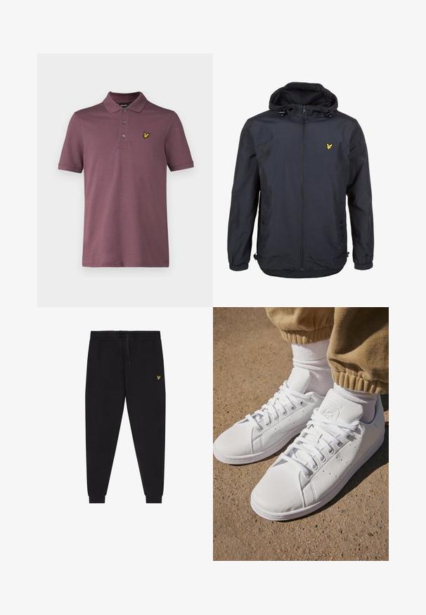 Letvægts, mørk navy jakke med hætte, lynlåslukning, justerbare snore og et lille gult logo på venstre bryst. Struktureret stof.; Lyle & Scott Poloshirts - highland mauve; Sorte joggerbukser med elastisk taljebånd og snøre, afsmalnende ben med manchetter og lille gul broderet logo på højre lår.; Hvide lædersneakers med en glat overflade, der har et klassisk snørebånddesign, perforeringer for åndbarhed og en tekstureret gummisål.