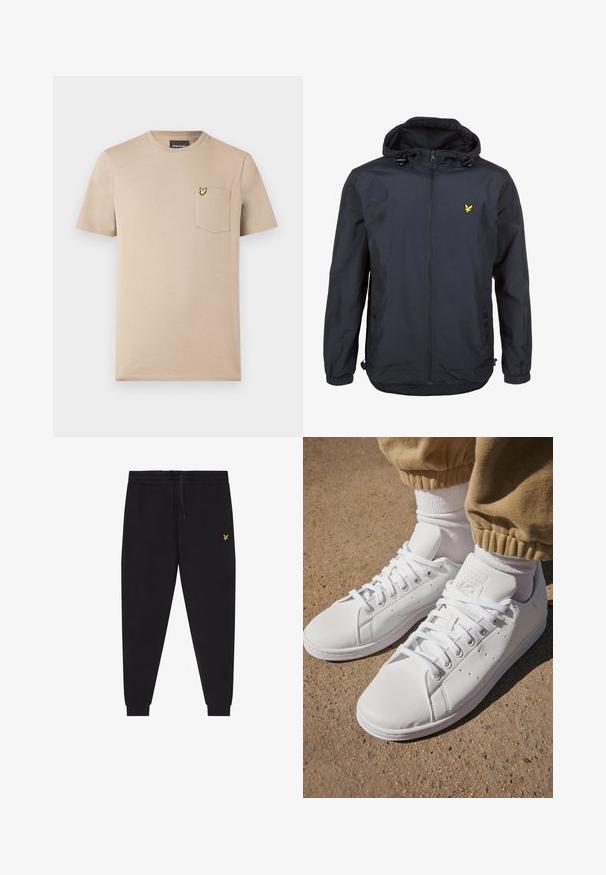 Chaqueta ligera de color azul marino oscuro con capucha, cierre frontal con cremallera, cordones ajustables y un pequeño logo amarillo en el lado izquierdo del pecho. Tejido texturizado.; Camiseta de manga corta beige hecha de algodón, con un bolsillo en el lado izquierdo con un logo de una mariposa amarilla. Diseño sencillo con cuello redondo.; Pantalones jogger negros con cintura elástica y cordón, piernas ajustadas con puños y un pequeño logo amarillo bordado en el muslo derecho.; Zapatillas de cuero blanco con superficie lisa, que presentan un diseño clásico de cordones, perforaciones para la transpirabilidad y una suela exterior de goma texturizada.