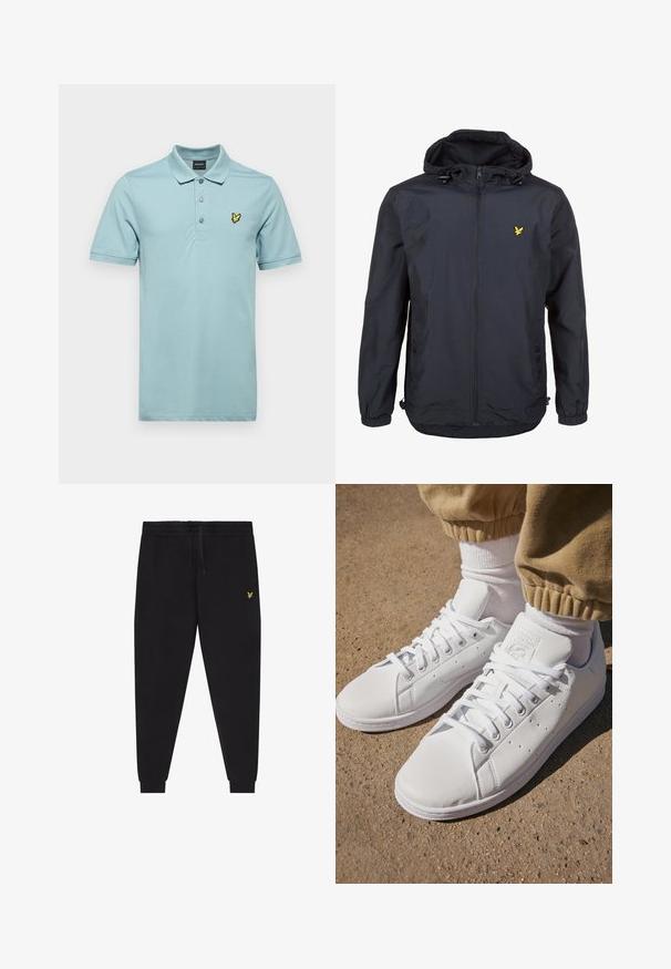 Lehká, tmavě modrá bunda s kapucí, zipem vpředu, nastavovacími šňůrkami a malým žlutým logem na levé hrudi. Texturovaná tkanina.; Lyle & Scott PLAIN - Polotričko - blue smoke; Černé teplákové kalhoty s elastickým pasem a stahovací šňůrkou, zúžené nohavice s manžetami a malým žlutým vyšívaným logem na pravém stehně.; Bílé kožené tenisky s hladkým povrchem, které mají klasický design na šněrování, perforace pro prodyšnost a jemně strukturovanou gumovou podrážku.