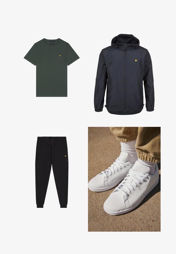 Lahka, temno modra jakna s kapuco, z zadrgo spredaj, nastavljivim vrvico in majhnim rumenim logotipom na levem prsnem delu. Teksturovana tkanina.; Temno zelena bombažna majica z okrolim izrezom in kratkimi rokavi. Na levi strani prsnega koša je majhen rumen vezen logotip.; Črne športne hlače z elastiko v pasu in vrvico za zategovanje, zožene nogavice s patentnim robom ter majhen rumen vezen logotip na desnem stegnu.; Beli usnjeni športni copati s gladko površino, z brezčasnim vezalnim dizajnom, perforacijami za zračnost in teksturiranim gumiranim podplatom.