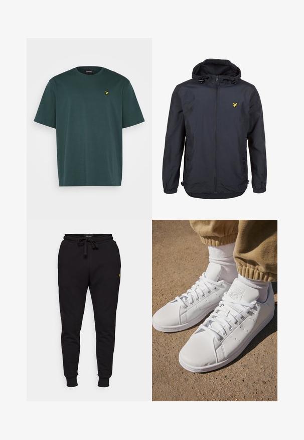 Viegls, tumši zilas krāsas jaka ar kapuci, ar rāvējslēdzēju priekšā, pielāgojamām auklām un mazu dzeltenu logotipu kreisajā krūtī. Strukturēta auduma.; Lyle & Scott PLAIN - Pamata T-krekls - teal; Melnas kokvilnas jogger bikses ar elastīgu jostasvietu, auklu un ribotām piedurknēm. Uz kreisās augšstilba atrodas mazs dzeltenais logo.; Baltas ādas sporta apavi ar gludu virsmu, ar klasisku šņorēšanas dizainu, ar perforējumiem gaisa caurlaidībai un teksturētu gumijas zoli.