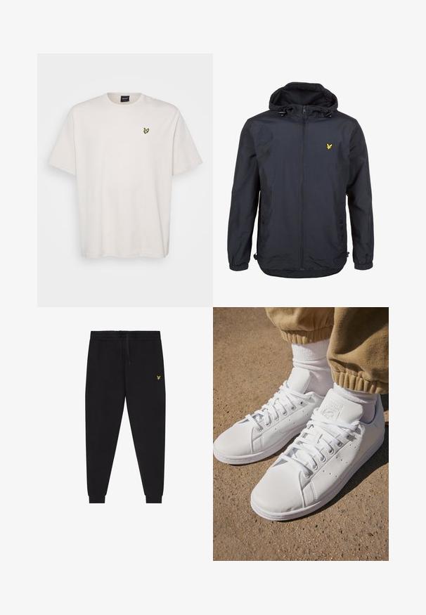 Letvægts, mørk navy jakke med hætte, lynlåslukning, justerbare snore og et lille gult logo på venstre bryst. Struktureret stof.; Hvid bomulds t-shirt med korte ærmer, der har et lille gult fuglelogo på venstre bryst. Enkel og klassisk design.; Sorte joggerbukser med elastisk taljebånd og snøre, afsmalnende ben med manchetter og lille gul broderet logo på højre lår.; Hvide lædersneakers med en glat overflade, der har et klassisk snørebånddesign, perforeringer for åndbarhed og en tekstureret gummisål.