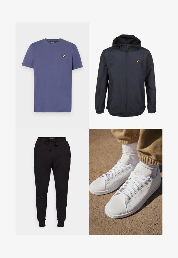 Jachetă ușoară, de culoare albastru închis, cu glugă, deschidere cu fermoar, șnururi ajustabile și un mic logo galben pe pieptul stâng. Material texturat.; Tricou din bumbac de culoare violet deschis, cu mâneci scurte, guler rotund și un mic logo brodat galben pe piept.; Pantaloni jogger negri din bumbac cu talie elastică, șnur de ajustare și manșete ribbed. Prezintă un mic logo galben pe partea stângă a coapsei.; Adidași din piele albă cu o suprafață netedă, având un design clasic cu șireturi, perforații pentru ventilație și o talpă exterioară din cauciuc texturat.