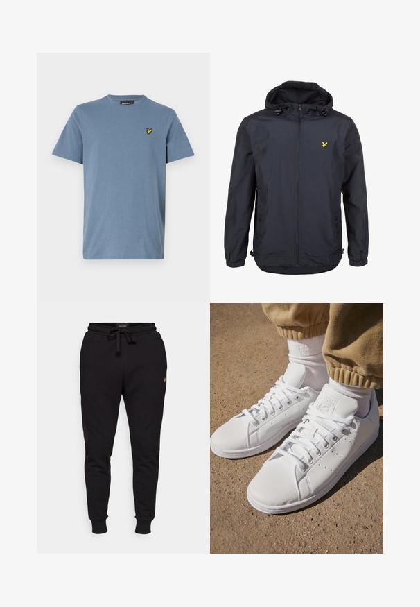 Viegls, tumši zilas krāsas jaka ar kapuci, ar rāvējslēdzēju priekšā, pielāgojamām auklām un mazu dzeltenu logotipu kreisajā krūtī. Strukturēta auduma.; Lyle & Scott Pamata T-krekls - mist blue; Melnas kokvilnas jogger bikses ar elastīgu jostasvietu, auklu un ribotām piedurknēm. Uz kreisās augšstilba atrodas mazs dzeltenais logo.; Baltas ādas sporta apavi ar gludu virsmu, ar klasisku šņorēšanas dizainu, ar perforējumiem gaisa caurlaidībai un teksturētu gumijas zoli.