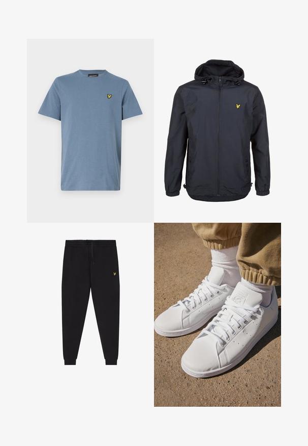 Lahka, temno modra jakna s kapuco, z zadrgo spredaj, nastavljivim vrvico in majhnim rumenim logotipom na levem prsnem delu. Teksturovana tkanina.; Lyle & Scott Navadna majica - mist blue; Črne športne hlače z elastiko v pasu in vrvico za zategovanje, zožene nogavice s patentnim robom ter majhen rumen vezen logotip na desnem stegnu.; Beli usnjeni športni copati s gladko površino, z brezčasnim vezalnim dizajnom, perforacijami za zračnost in teksturiranim gumiranim podplatom.