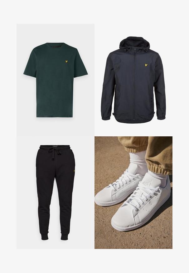 Könnyű, sötét navy kék dzseki kapucnival, cipzáras elejével, állítható zsinórokkal és egy kis sárga logóval a bal mellrészen. Texturált anyag.; Lyle & Scott Basic póló - argyle teal; Fekete pamut jogger nadrág rugalmas derékkal, zsinórral és bordázott mandzsettákkal. Bal combján egy kis sárga logó található.; Fehér bőr sportcipők sima felülettel, klasszikus fűzős kialakítással, perforációkkal a légáteresztés érdekében és texturált gumitalppal.
