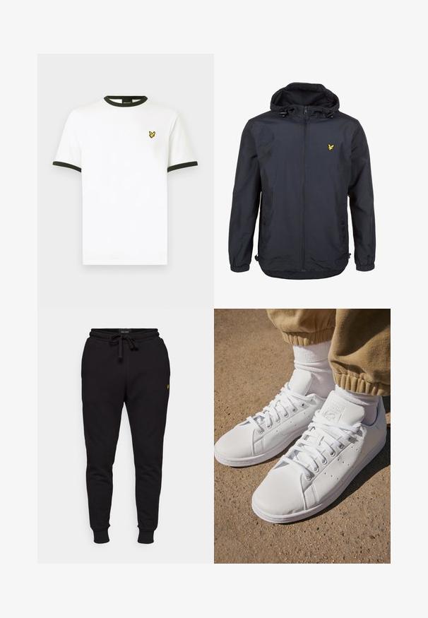 Lett, mørk marineblå jakke med hette, glidelåslukking, justerbare snorer og en liten gul logo på venstre bryst. Teksturert stoff.; Hvit kortermet t-skjorte med mørkegrønn ribbestrikket krage og kantene på ermene, med en liten gul fuglelogo på venstre bryst.; Sorte bomulls joggebukser med elastisk midje, snor og ribbestrikkede mansjetter. Har en liten gul logo på venstre lår.; Hvite lær sneakers med en glatt overflate, med et klassisk snøresystem, perforeringer for pusteevne, og en teksturert gummiyttersåle.