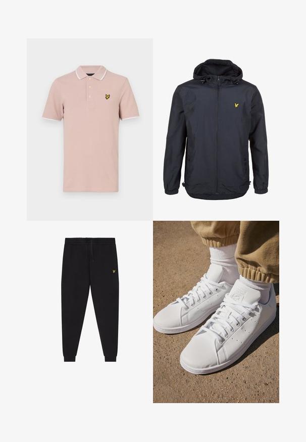 Kerge, tume navy sinine jakk kapuutsiga, tõmblukuga esipaneel, reguleeritavad nöörid ja väike kollane logo vasakul rindkere kohal. Tekstureeritud kangas.; Heledad roosa polo särk, millel on kolme nupu klapp, valge ääris krael ja varrukatel, ning rinnal kollane tikandiga logo.; Mustad jooksupüksid elastse vöökohaga ja nööriga, kitsenevate sääreosadega, millel on mansetid, ning väike kollane tikitud logo paremal reiel.; Valged nahast tossud siledal pinnal, klassikalise paeltega kinnitusega, ventilatsiooni jaoks perforatsioonide ning tekstureeritud kummist välispinnaga.