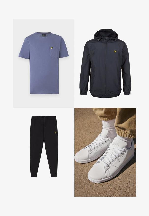 Lightweight, dark navy jacket with a hood, zippered front, adjustable drawstrings, and a small yellow logo on the left chest. Textured fabric.; Purple cotton t-shirt with short sleeves, round neckline, and a chest pocket featuring a yellow embroidered logo.; Black jogger pants with elastic waistband and drawstring, tapered legs with cuffs, and small yellow embroidered logo on right thigh.; White leather sneakers with a smooth surface, featuring a classic lace-up design, perforations for breathability, and a textured rubber outsole.