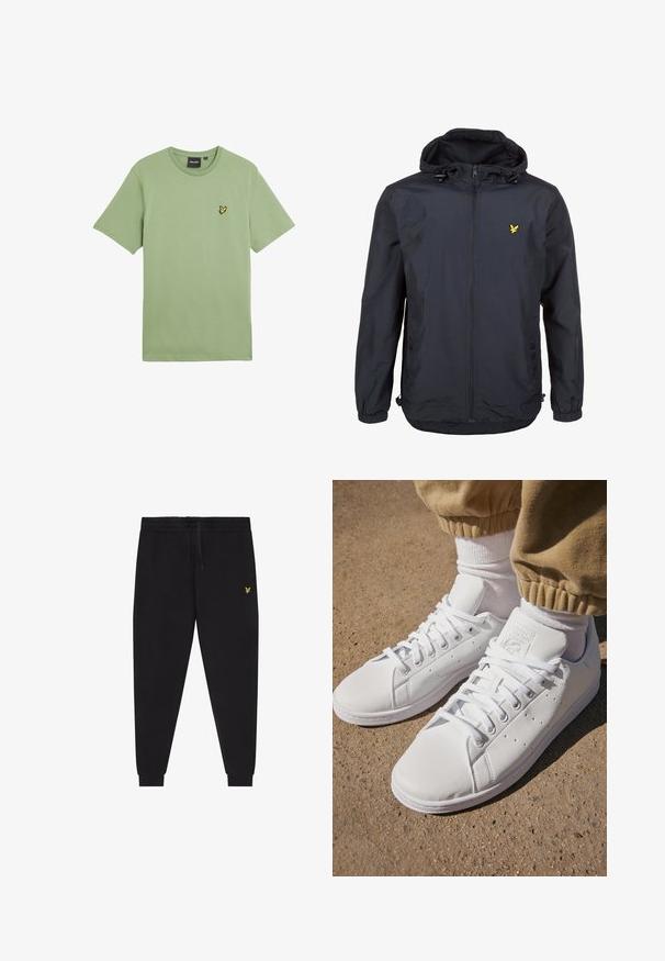 Jachetă ușoară, de culoare albastru închis, cu glugă, deschidere cu fermoar, șnururi ajustabile și un mic logo galben pe pieptul stâng. Material texturat.; Tricou verde cu mâneci scurte dintr-un material fin, având un mic logo galben cu pasăre în zona stângă a pieptului. Design cu gât rotund.; Pantaloni jogger negri cu talie elastică și șnur, picioare conice cu manșete și un mic logo brodat galben pe coapsa dreaptă.; Adidași din piele albă cu o suprafață netedă, având un design clasic cu șireturi, perforații pentru ventilație și o talpă exterioară din cauciuc texturat.