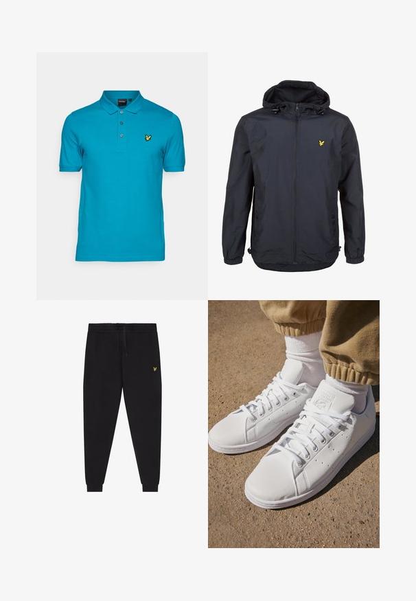 Kevyt, tummansininen takki, jossa on huppu, vetoketjullinen etuosa, säädettävät nyöritykset ja pieni keltainen logo vasemmassa rinnassa. Tekstuuri kangast.; Lyle & Scott PLAIN - Pikeepaita - leisure blue; Musta lenkkihousut, joissa on joustava vyötärönauha ja kiristysnauha, kapeutetut lahkeet kalvosimilla sekä pieni keltainen kirjailtu logo oikeassa reidessä.; Valkoiset nahkakengät, joissa on sileä pinta, klassinen nauhakiinnitys, reikärakenteet hengittävyyden parantamiseksi ja karkea kumipohja.