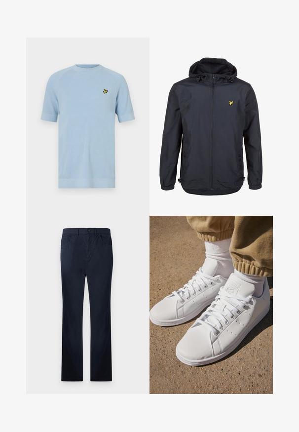 Lett, mørk marineblå jakke med hette, glidelåslukking, justerbare snorer og en liten gul logo på venstre bryst. Teksturert stoff.; Lyseblå strikket t-skjorte med korte ermer og rund hals, laget av strukturert stoff. Har en liten gul fuglelogo på venstre bryst.; Marineblå bomullsbukser med rett passform, med lommer foran og bak, glidelås og enkelt knappfeste.; Hvite lær sneakers med en glatt overflate, med et klassisk snøresystem, perforeringer for pusteevne, og en teksturert gummiyttersåle.