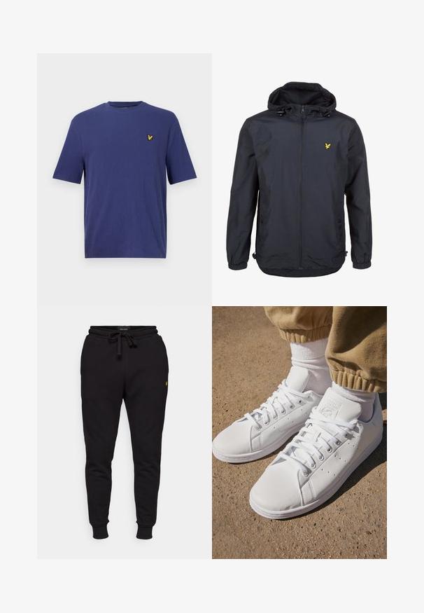 Könnyű, sötét navy kék dzseki kapucnival, cipzáras elejével, állítható zsinórokkal és egy kis sárga logóval a bal mellrészen. Texturált anyag.; Sötétkék, rövid ujjú póló, texturált anyagból készült, apró sárga hímzett logóval a bal mellrészen.; Fekete pamut jogger nadrág rugalmas derékkal, zsinórral és bordázott mandzsettákkal. Bal combján egy kis sárga logó található.; Fehér bőr sportcipők sima felülettel, klasszikus fűzős kialakítással, perforációkkal a légáteresztés érdekében és texturált gumitalppal.