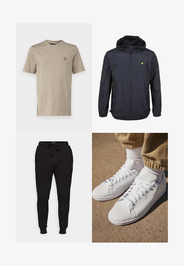 Lehká, tmavě modrá bunda s kapucí, zipem vpředu, nastavovacími šňůrkami a malým žlutým logem na levé hrudi. Texturovaná tkanina.; Lyle & Scott Jednoduché tričko - sage; Černé bavlněné jogger kalhoty s elastickým pasem, šňůrkou na stažení a žebrovanými manžetami. Obsahují malé žluté logo na levém stehně.; Bílé kožené tenisky s hladkým povrchem, které mají klasický design na šněrování, perforace pro prodyšnost a jemně strukturovanou gumovou podrážku.