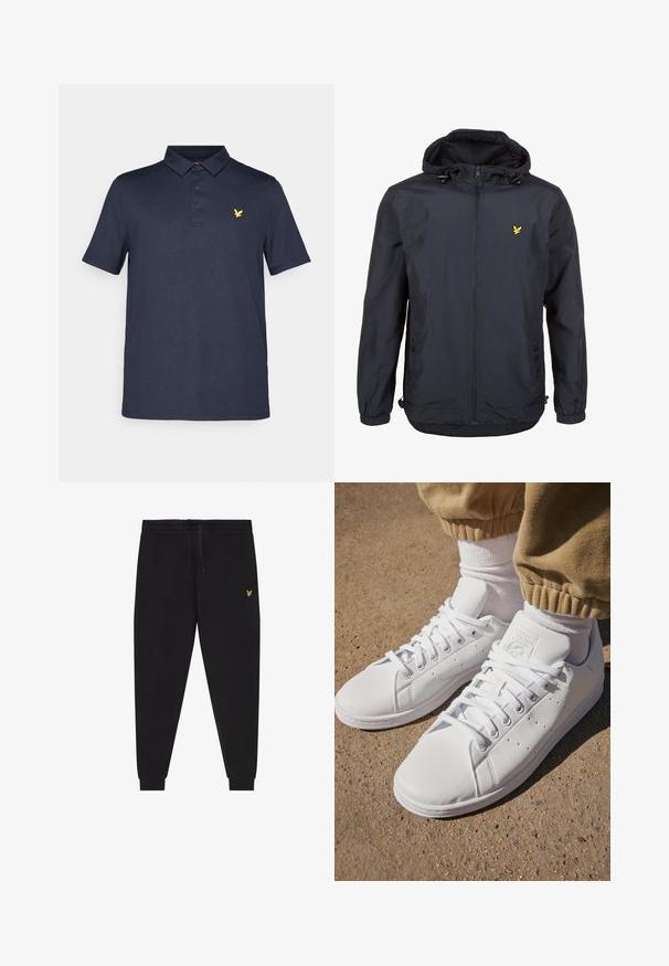 Ελαφρύ, σκούρο ναυτικό μπουφάν με κουκούλα, μπροστινό φερμουάρ, ρυθμιζόμενα κορδόνια και μικρό κίτρινο λογότυπο στο αριστερό στήθος. Υφασμάτινη επιφάνεια.; Μαρίνα πόλο μπλούζα με μπροστινό μέρος με δύο κουμπιά, κοντά μανίκια και μικρό χρυσό πουλί στο αριστερό στήθος. Φτιαγμένη από λεία ύφανση.; Μαύρο παντελόνι jogging με ελαστική μέση και κορδόνι, κωνικά πόδια με τελείωμα και μικρό κίτρινο κεντητό λογότυπο στον δεξιό μηρό.; Λευκά δερμάτινα sneakers με λεία επιφάνεια, διαθέτοντας κλασικό σχέδιο με κορδόνια, τρυπήματα για αναπνοή και υφασμάτινη λαστιχένια σόλα.