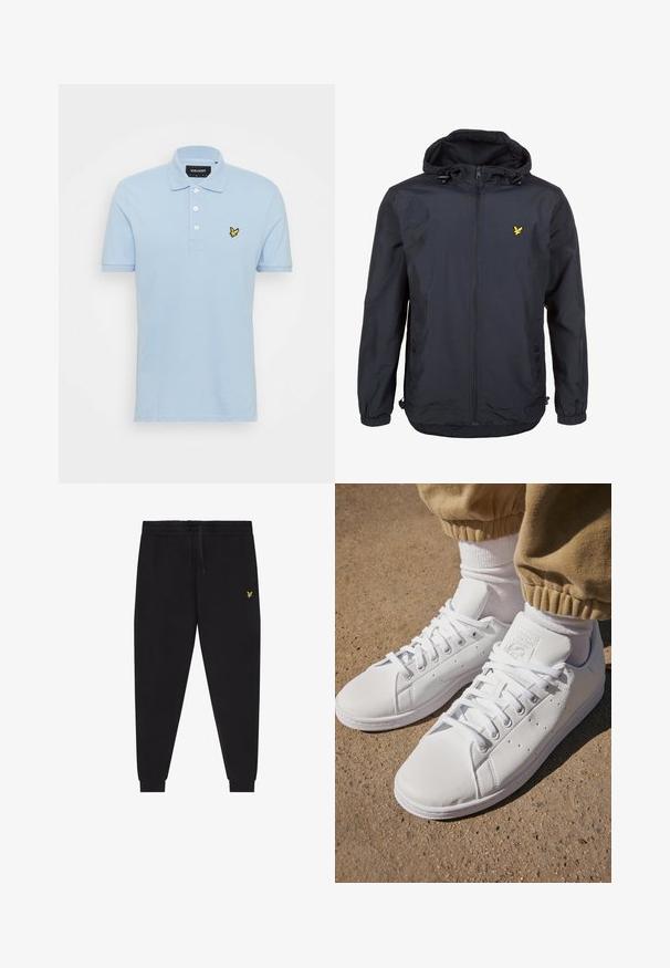 Lättviktsjacka i mörk marinblått med huva, zippered front, justerbara dragsnören och en liten gul logotyp på vänster bröst. Strukturerad tyg.; Ljusblå pikétröja i bomull med en knappslå i tre knappar, korta ärmar och en liten gul broderad logotyp på bröstet.; Svarta joggerbyxor med elastisk midjeresår och dragsko, avsmalnande ben med mudd, och liten gul broderad logga på höger lår.; Vita lädersneakers med en slät yta, med en klassisk snörningsdesign, perforeringar för andningsförmåga och en texturerad gummisula.