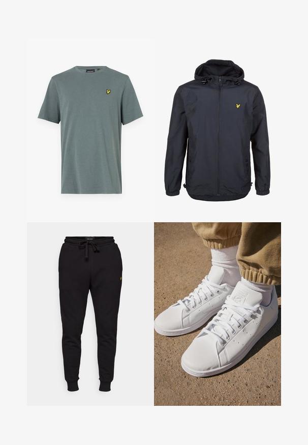 Viegls, tumši zilas krāsas jaka ar kapuci, ar rāvējslēdzēju priekšā, pielāgojamām auklām un mazu dzeltenu logotipu kreisajā krūtī. Strukturēta auduma.; Pelēks īsām piedurknēm t-krekls, izgatavots no mīkstas auduma, ar dzeltenu izšūtu logo kreisajā krūtības pusē. Apaļš kakla izgriezums ar standarta piegriezumu.; Melnas kokvilnas jogger bikses ar elastīgu jostasvietu, auklu un ribotām piedurknēm. Uz kreisās augšstilba atrodas mazs dzeltenais logo.; Baltas ādas sporta apavi ar gludu virsmu, ar klasisku šņorēšanas dizainu, ar perforējumiem gaisa caurlaidībai un teksturētu gumijas zoli.