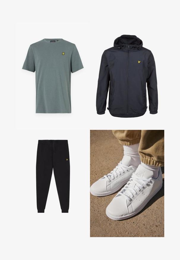 Lengvas, tamsiai mėlynos spalvos švarkas su kapišonu, užtrauktuku priekyje, reguliuojamomis virvėmis ir mažuoju geltonu logotipu kairėje krūtinės pusėje. Textūruota medžiaga.; Pilkas trumpomis rankovėmis marškinėliai, pagaminti iš minkštos medžiagos, su geltonu siuvinėjimu kairėje krūtinės pusėje. Apvalus iškirpimas, standartinio kirpimo.; Juodos jogger stiliaus kelnės su elastinga juosmens juosta ir raišteliu, siaurėjančiomis kojų dalimis su apačios manžetėmis ir mažu geltonu siuvinėtu logotipu dešinėje šlaunyje.; Balti odiniai sportbačiai su lygia paviršiumi, pasižymintys klasikiniu raištelių dizainu, perforacijomis, užtikrinančiomis oro pralaidumą, ir tekstūra guminėmis padangomis.