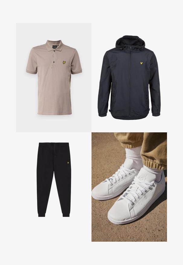 Lahka, temno modra jakna s kapuco, z zadrgo spredaj, nastavljivim vrvico in majhnim rumenim logotipom na levem prsnem delu. Teksturovana tkanina.; Lyle & Scott PLAIN - Polo majica - heritage taupe; Črne športne hlače z elastiko v pasu in vrvico za zategovanje, zožene nogavice s patentnim robom ter majhen rumen vezen logotip na desnem stegnu.; Beli usnjeni športni copati s gladko površino, z brezčasnim vezalnim dizajnom, perforacijami za zračnost in teksturiranim gumiranim podplatom.