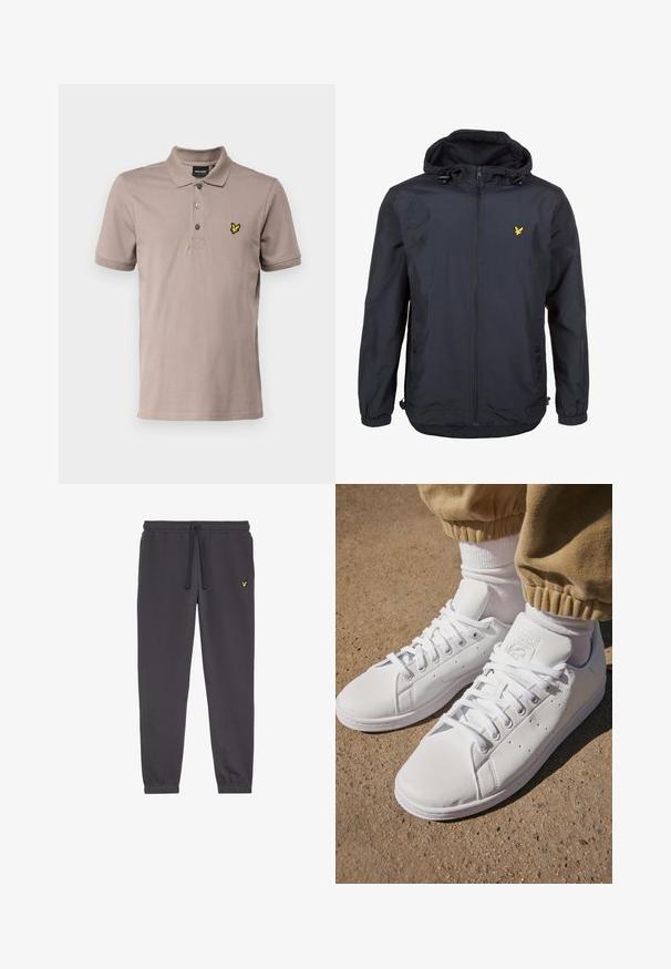 Lengvas, tamsiai mėlynos spalvos švarkas su kapišonu, užtrauktuku priekyje, reguliuojamomis virvėmis ir mažuoju geltonu logotipu kairėje krūtinės pusėje. Textūruota medžiaga.; Lyle & Scott PLAIN - Polo marškinėliai - heritage taupe; Tamsiai pilki sportiniai džinsai, pagaminti iš minkštos medžiagos, su elastingu diržu ir raišteliu, su rankovėmis ant kulkšnių ir maža geltona emblema kairėje šlaunyje.; Balti odiniai sportbačiai su lygia paviršiumi, pasižymintys klasikiniu raištelių dizainu, perforacijomis, užtikrinančiomis oro pralaidumą, ir tekstūra guminėmis padangomis.