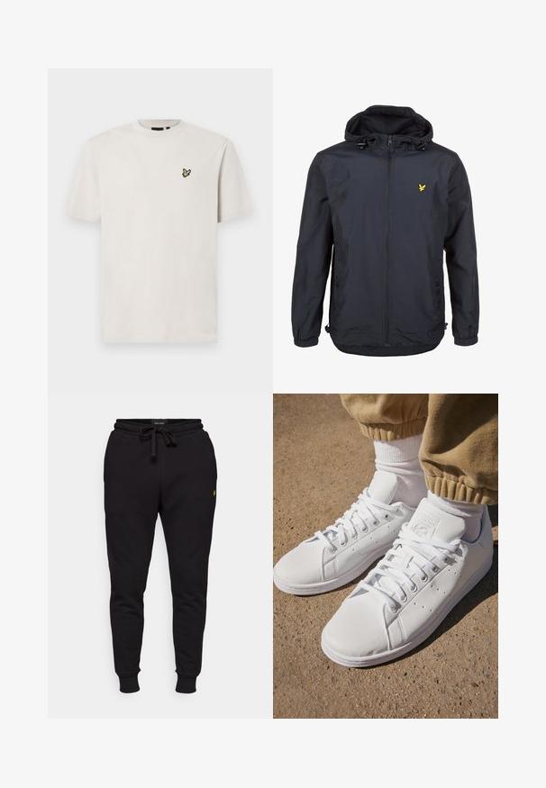 Kevyt, tummansininen takki, jossa on huppu, vetoketjullinen etuosa, säädettävät nyöritykset ja pieni keltainen logo vasemmassa rinnassa. Tekstuuri kangast.; Vaalea beige puuvillapaita, jossa on pyöreä kaula-aukko ja lyhyet hihat. Paidan vasemmassa rinnassa on pieni brodeerattu lintulogo.; Mustat puuvillajoggerit, joissa on elastinen vyötärö, nyöritys ja ribbireunat. Vasen reisi koristeltu pienellä keltaisella logolla.; Valkoiset nahkakengät, joissa on sileä pinta, klassinen nauhakiinnitys, reikärakenteet hengittävyyden parantamiseksi ja karkea kumipohja.
