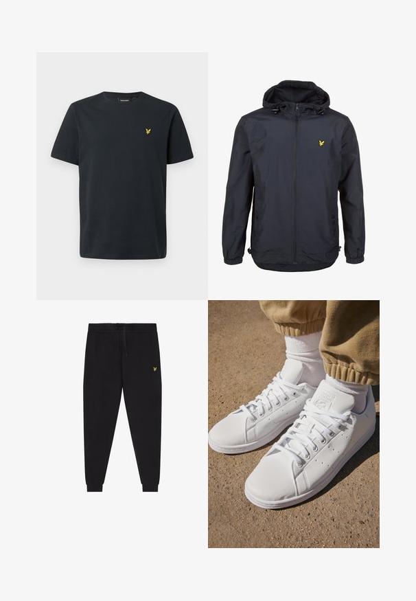 Lahka, temno modra jakna s kapuco, z zadrgo spredaj, nastavljivim vrvico in majhnim rumenim logotipom na levem prsnem delu. Teksturovana tkanina.; Črna bombažna majica s kratkimi rokavi, okroglim izrezom in majhnim rumenim logotipom ptice na levi strani prsi. Gladek tekstura, standardna prileganje.; Črne športne hlače z elastiko v pasu in vrvico za zategovanje, zožene nogavice s patentnim robom ter majhen rumen vezen logotip na desnem stegnu.; Beli usnjeni športni copati s gladko površino, z brezčasnim vezalnim dizajnom, perforacijami za zračnost in teksturiranim gumiranim podplatom.