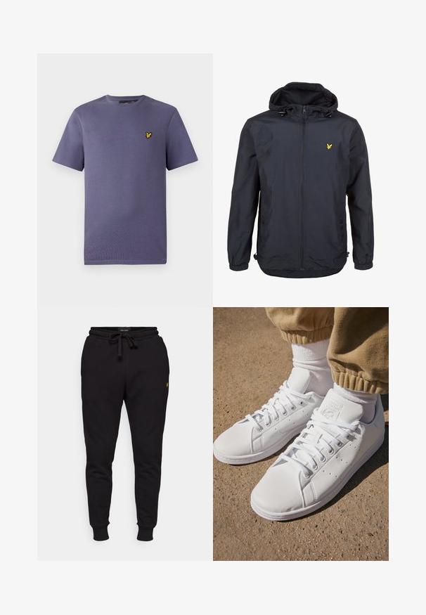 Jachetă ușoară, de culoare albastru închis, cu glugă, deschidere cu fermoar, șnururi ajustabile și un mic logo galben pe pieptul stâng. Material texturat.; Tricou scurt cu mânecă purpurie, cu guler rotund, având un mic logo cu o pasăre galbenă brodat pe pieptul stâng.; Pantaloni jogger negri din bumbac cu talie elastică, șnur de ajustare și manșete ribbed. Prezintă un mic logo galben pe partea stângă a coapsei.; Adidași din piele albă cu o suprafață netedă, având un design clasic cu șireturi, perforații pentru ventilație și o talpă exterioară din cauciuc texturat.