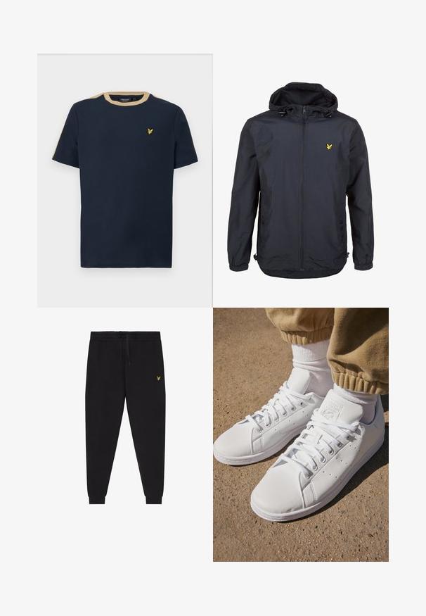 Lengvas, tamsiai mėlynos spalvos švarkas su kapišonu, užtrauktuku priekyje, reguliuojamomis virvėmis ir mažuoju geltonu logotipu kairėje krūtinės pusėje. Textūruota medžiaga.; Tamsiai mėlynas medvilninis marškinėliai su apvaliu kaklu ir trumpomis rankovėmis. Papuošti šviesiai rudos spalvos apvadu ir mažu auksiniu siuvinėtu logotipu.; Juodos jogger stiliaus kelnės su elastinga juosmens juosta ir raišteliu, siaurėjančiomis kojų dalimis su apačios manžetėmis ir mažu geltonu siuvinėtu logotipu dešinėje šlaunyje.; Balti odiniai sportbačiai su lygia paviršiumi, pasižymintys klasikiniu raištelių dizainu, perforacijomis, užtikrinančiomis oro pralaidumą, ir tekstūra guminėmis padangomis.