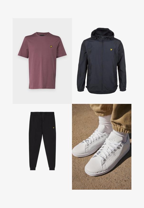 Lahka, temno modra jakna s kapuco, z zadrgo spredaj, nastavljivim vrvico in majhnim rumenim logotipom na levem prsnem delu. Teksturovana tkanina.; Lyle & Scott Navadna majica - highland mauve; Črne športne hlače z elastiko v pasu in vrvico za zategovanje, zožene nogavice s patentnim robom ter majhen rumen vezen logotip na desnem stegnu.; Beli usnjeni športni copati s gladko površino, z brezčasnim vezalnim dizajnom, perforacijami za zračnost in teksturiranim gumiranim podplatom.