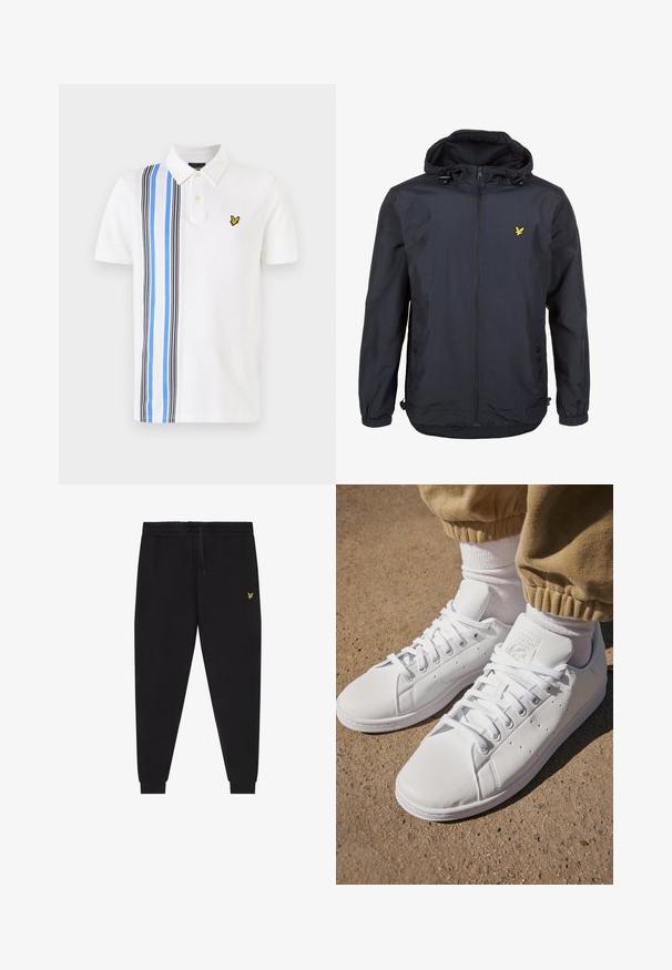 Lättviktsjacka i mörk marinblått med huva, zippered front, justerbara dragsnören och en liten gul logotyp på vänster bröst. Strukturerad tyg.; Vit polo skjorta med en tvåfärgad design som har svarta och blå vertikala ränder. En gul logotyp är broderad på bröstet.; Svarta joggerbyxor med elastisk midjeresår och dragsko, avsmalnande ben med mudd, och liten gul broderad logga på höger lår.; Vita lädersneakers med en slät yta, med en klassisk snörningsdesign, perforeringar för andningsförmåga och en texturerad gummisula.